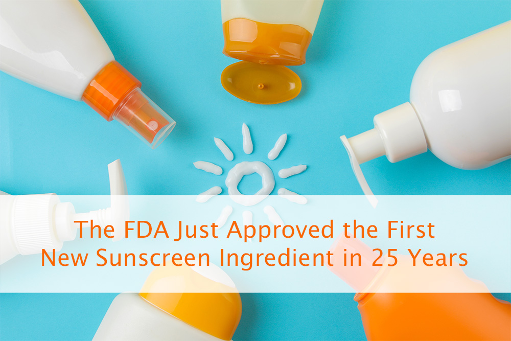 Sunscreen bottles surrounding a sun symbol on a blue background